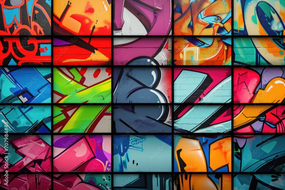A vibrant display of various colored graffiti on a wall. Perfect for adding a modern and urban touch to any project