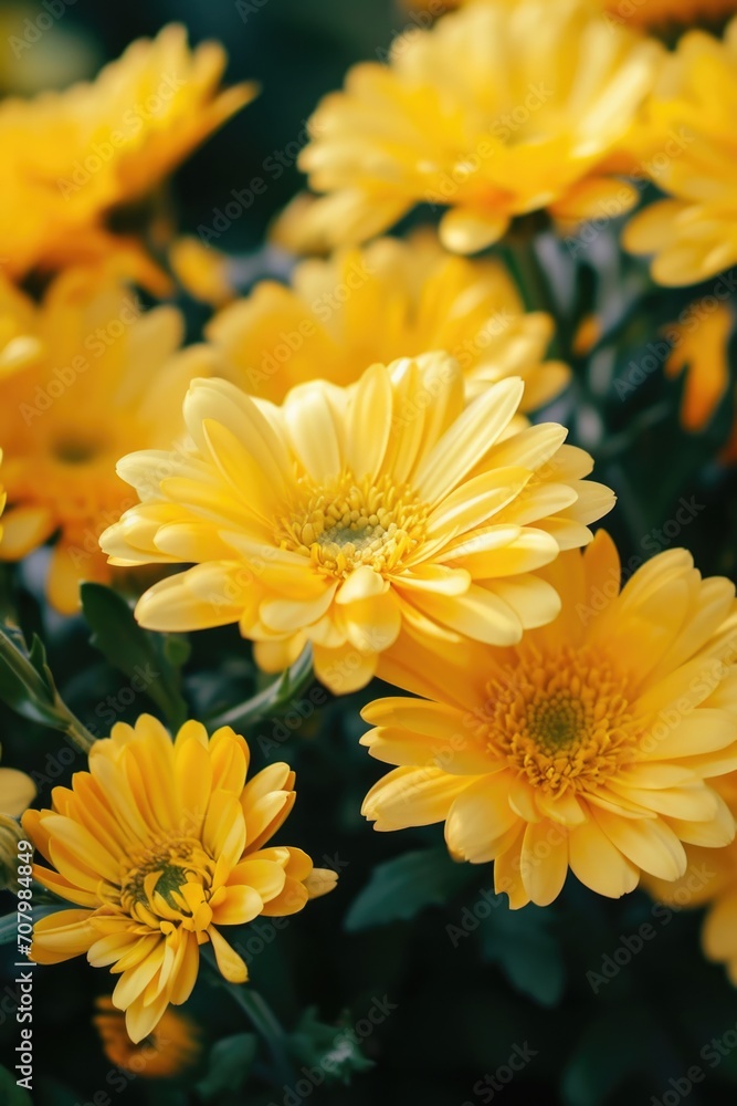 Fototapeta premium A bunch of yellow flowers with green leaves. Can be used to add a pop of color to any design