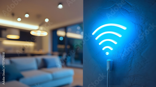 Wi-Fi technology with big blue Wifi icon. Concept of accessibility of wireless internet technology in home conditions photo