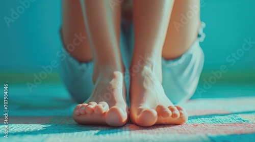 Person's feet in close-up on a soft rug. Versatile image suitable for various concepts and themes