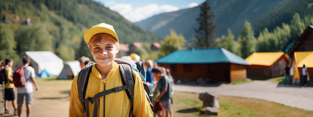 A cute boy in a cap and with a backpack came to relax at a children's camp