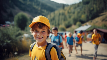 A cute boy in a cap and with a backpack came to relax at a children's camp
