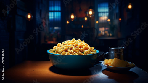 Product photograph of Macaroni and cheese plate on a table in a nigth bar. Dramatic light. Blue color palette. Food. 