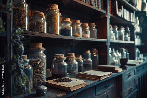 A shelf filled with numerous glass jars. This image can be used to showcase organization, storage, or a collection of items