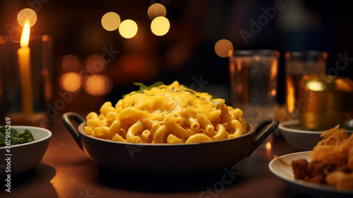 Product photograph of Macaroni and cheese plate on a table in a nigth bar. Dramatic light. Orange color palette. Food. 