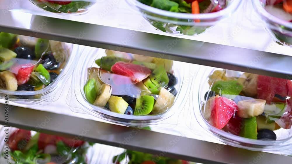Plastic boxes with pre-packaged fruit and vegetable salads, put up for sale in a commercial refrigerator Plastic boxes with pre-packaged fruit and vegetable salads, put up for sale in a commercial refrigerator