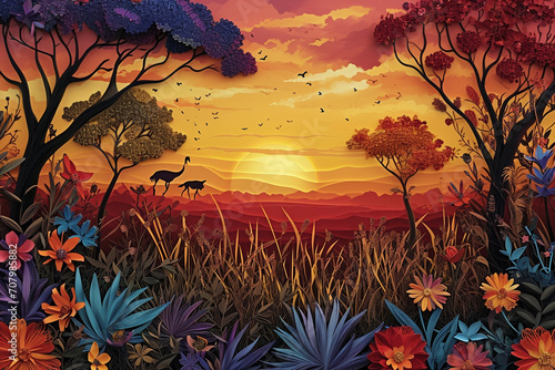 Quilled safari flora with acacia trees and exotic flowers on savannah sunset