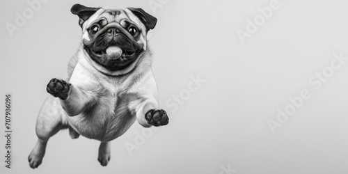 A lively pug dog captured mid-jump, showcasing its energetic nature. Perfect for pet lovers and advertising campaigns