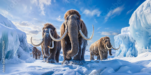 Woolly mammoth herd in frozen cold landscape, wide banner, extinct prehistoric animals photo