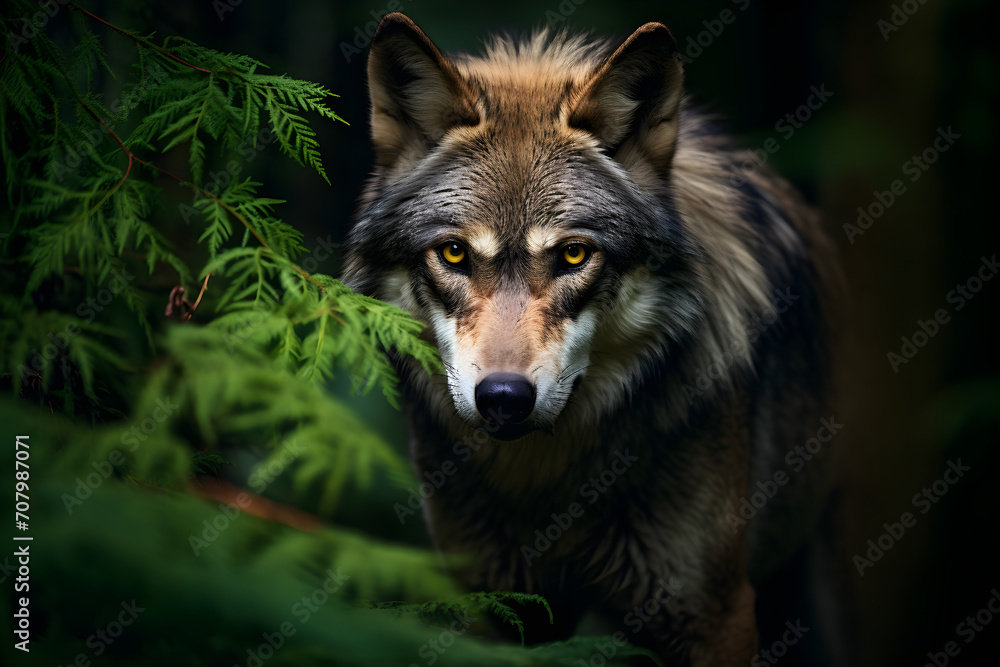 Nahaufnahme eines Wolfes/Wolf in einem dunklen Wald, erstellt mit generativer KI Nahaufnahme eines Wolfes/Wolf in einem dunklen Wald, erstellt mit generativer KI