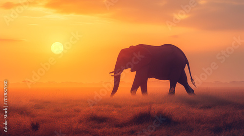 Elephant in the savannah and unusual yellow background 