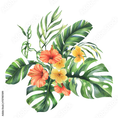 Fototapeta Naklejka Na Ścianę i Meble -  Tropical palm leaves, monstera and flowers of plumeria, hibiscus, bright juicy. Hand drawn watercolor botanical illustration. Composition isolated from the background.