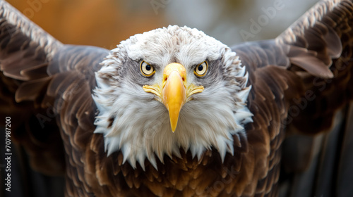 Bald eagle facing forward with wings spread.