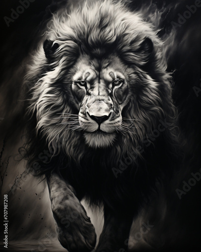 The lion's face is drawn in black and white, in the style of motion blur, nature's wonder, airbrush art, wimmelbilder, high detailed, traditional oil painting, large canvas format