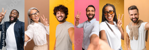Series of people of various ethnicities joyfully posing with peace signs, reflecting a theme of friendliness and positive vibes, designed for social media engagement, appealing to a youthful audience photo