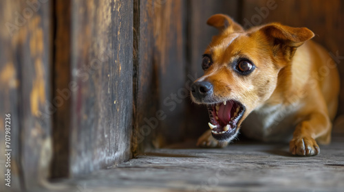 Small dog baring teeth in a corner.