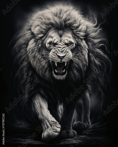 The head of a lion, in the style of black and white photography, motion blur, realistic marine paintings, harmony with nature, photo taken with nikon d750, grisaille, wildstyle   © Possibility Pages