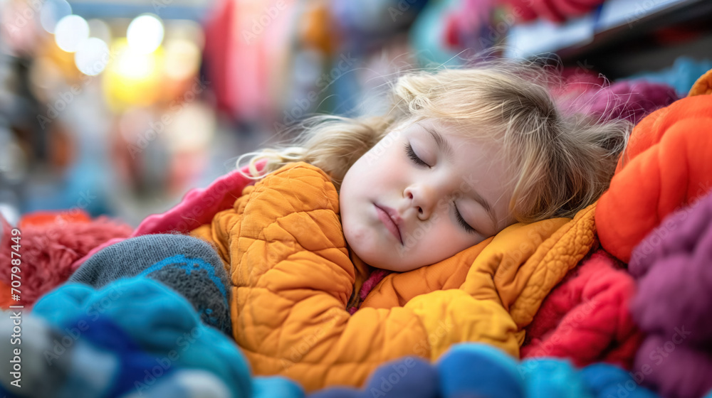 Child sleeping on colorful cushions. Child sleeping on colorful cushions.