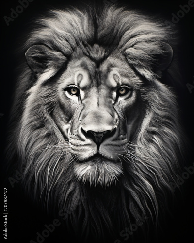 The lion s face is drawn in black and white  in the style of motion blur  nature s wonder  airbrush art  wimmelbilder  high detailed  traditional oil painting  large canvas format  