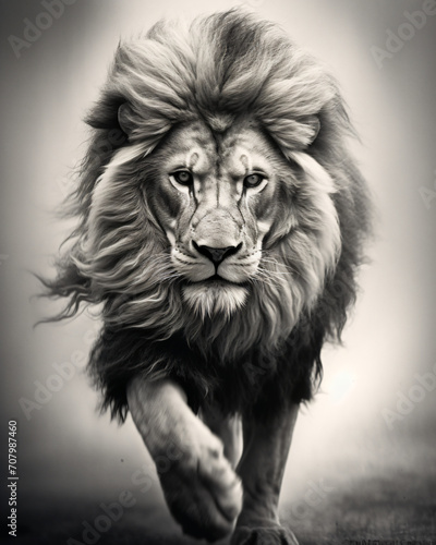 The lion's face is drawn in black and white, in the style of motion blur, nature's wonder, airbrush art, wimmelbilder, high detailed, traditional oil painting, large canvas format

