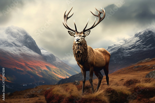 A stag in a field with a mountain view  in the style of photorealistic detail  crimson and amber  dynamic outdoor shots  scottish landscapes  close-up intensity  photo-realistic hyperbole  dignified p
