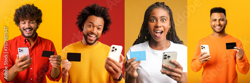 Collage of four joyful individuals engaged with technology and finance, each holding a smartphone and a credit card, with expressions ranging from cheerful to astonished photo