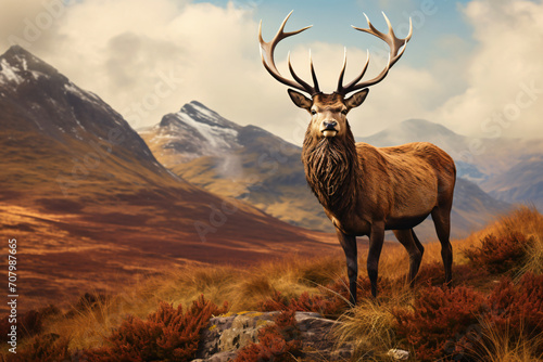 A stag in a field with a mountain view, in the style of photorealistic detail, crimson and amber, dynamic outdoor shots, scottish landscapes, close-up intensity, photo-realistic hyperbole, dignified p © Possibility Pages