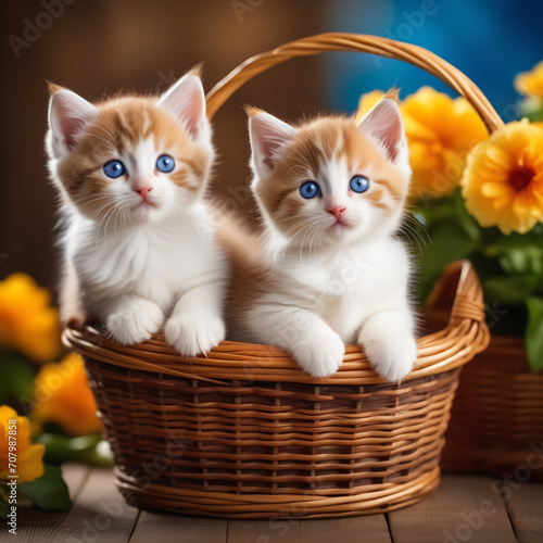 Two small red kittens with blue eyes look out of a basket against a background of beautiful yellow flowers. Pets. © Elena