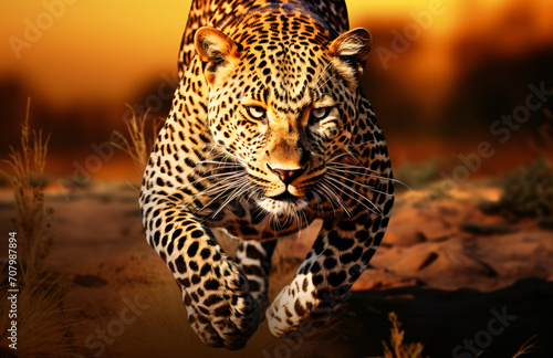 A large leopard is running in the forest, in the style of photo-realistic landscapes, traditional african art