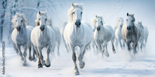 Horses running in the snow background wallpaper, in the style of photorealistic technique, misty atmosphere, photo taken with provia, wimmelbilder, white and azure