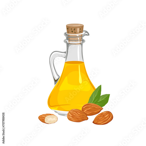 Almond oil in glass bottle isolated on white. Vector cartoon food illustration. 