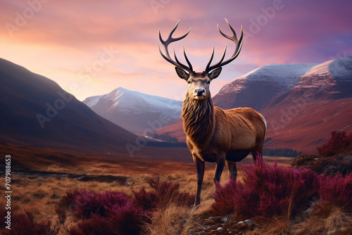 A stag in a field with a mountain view, in the style of photorealistic detail, crimson and amber, dynamic outdoor shots, scottish landscapes, close-up intensity, photo-realistic hyperbole, dignified p photo