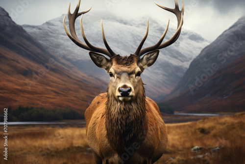 A stag in a field with a mountain view, in the style of photorealistic detail, crimson and amber, dynamic outdoor shots, scottish landscapes, close-up intensity, photo-realistic hyperbole, dignified p © Possibility Pages
