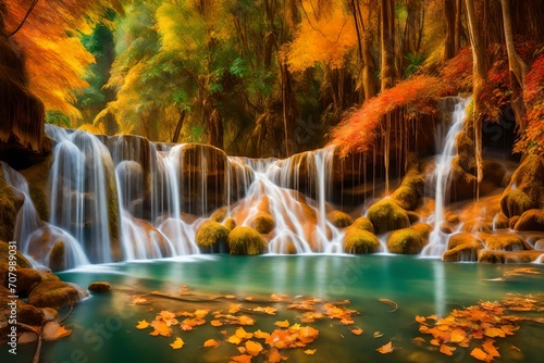 amazing of huay mae kamin waterfall in colorful autumn forest at Kanchanaburi -