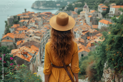 Mediterranean Escape, Woman Overlooking Seaside Town, Traveler's Serene View, Old Town Exploration, woman in hat