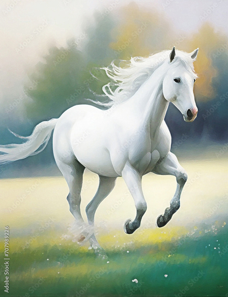 Art Illustration Of A Graceful White Horse Captured In A Dynamic Pose