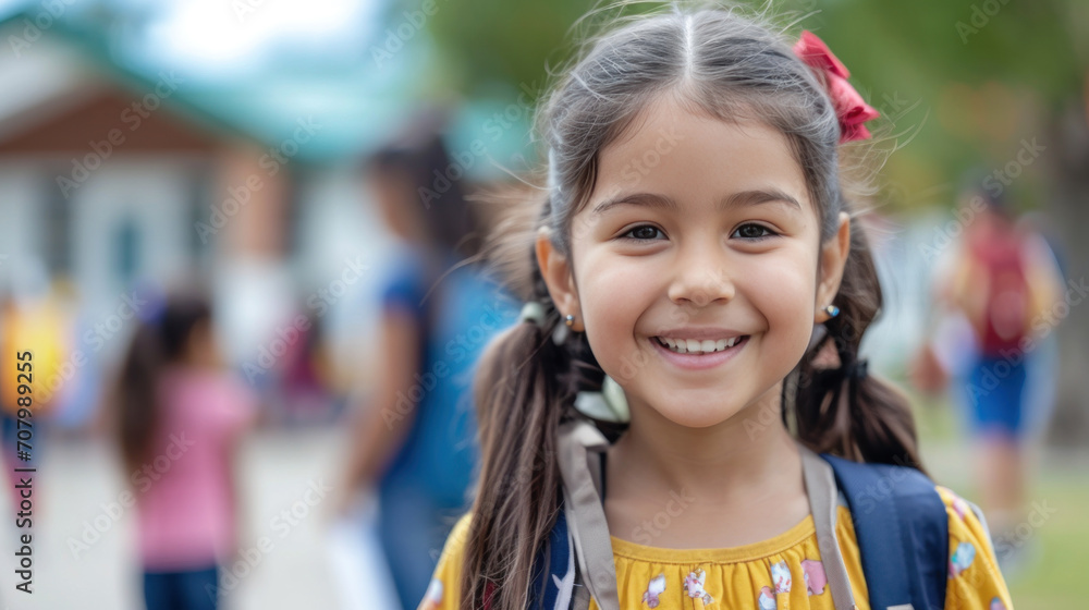 Portrait of a child girl on her first day at school. Portrait of a child girl on her first day at school.