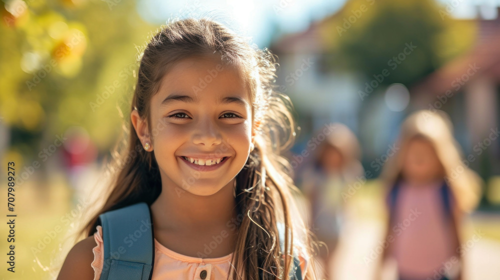 Portrait of a child girl on her first day at school. Portrait of a child girl on her first day at school.