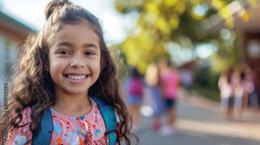 Portrait of a child girl on her first day at school. Portrait of a child girl on her first day at school.