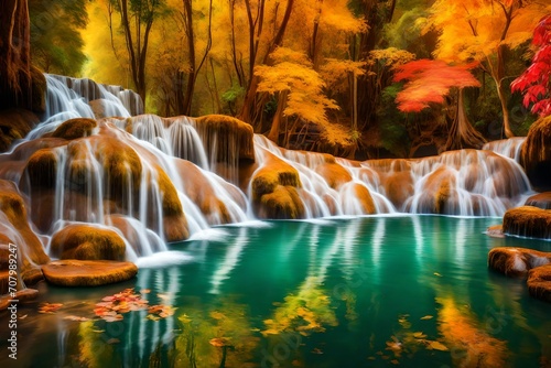 amazing of huay mae kamin waterfall in colorful autumn forest at Kanchanaburi -