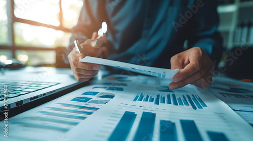 Financial analyst at work. Business man's hands hold a document with financial statistics, analytical report data, charts and graphs photo