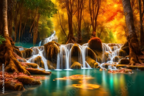 amazing of huay mae kamin waterfall in colorful autumn forest at Kanchanaburi,- photo