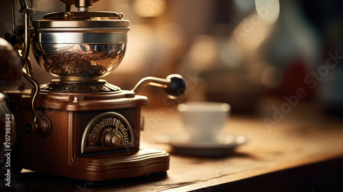 vintage manual coffee grinder on blurred background cup photo