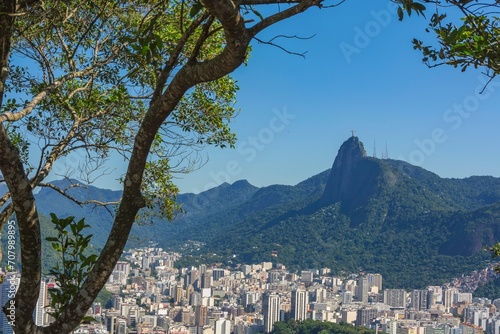 Rio de Janeiro city, Brazil seen from Sugarloaf mountain and framed by a tree. In the background, Corcovado and Christ Statue. Background blue sky.