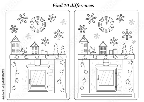 Find 10 differences. Festive decor on the fireplace. Black and white vector illustration.