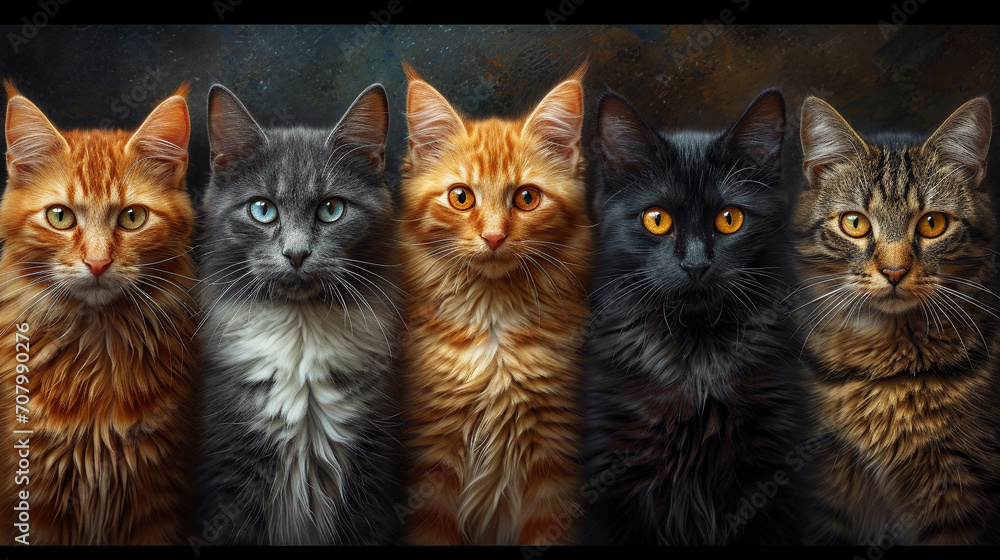group of adorable cats looking forward