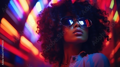 Beautiful young African American woman enjoying and dancing in a night disco club