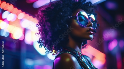 Beautiful young African American woman enjoying and dancing in a night disco club