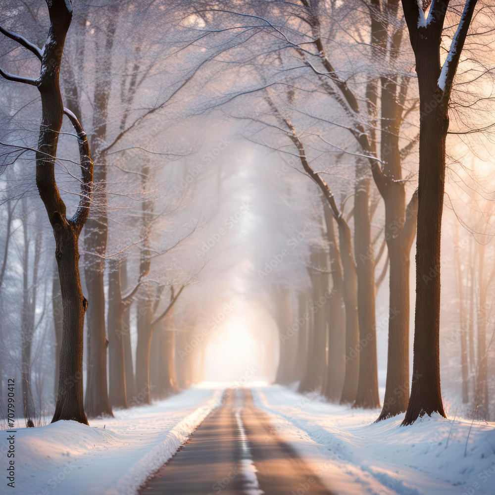 Φωτογραφία Tunnel of winter trees with a glowing light at the end of a snowy road