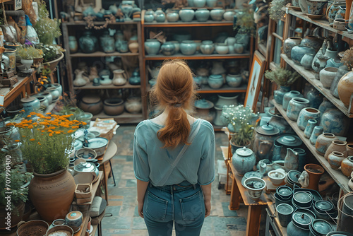 pots in a shop, businesswoman, Antique Pottery Collection, Businesswoman Amidst Ceramic Wares, Artisanal Craft Market